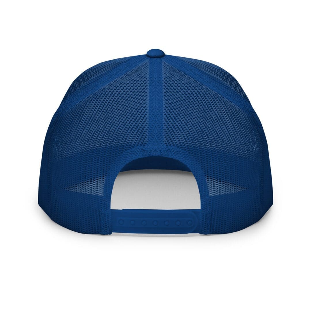 Back view of blue mesh baseball cap.