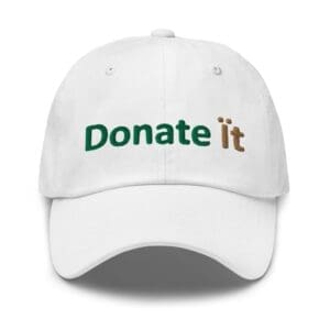 White cap with "Donate It" embroidered text.