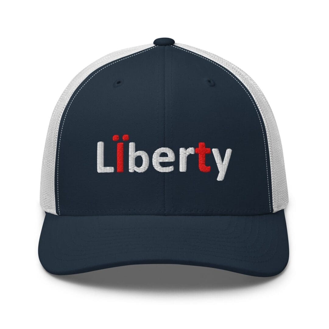Navy trucker hat with embroidered Liberty
