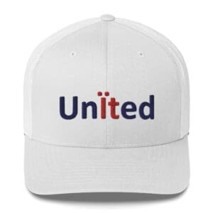 White cap with "United" embroidered text.