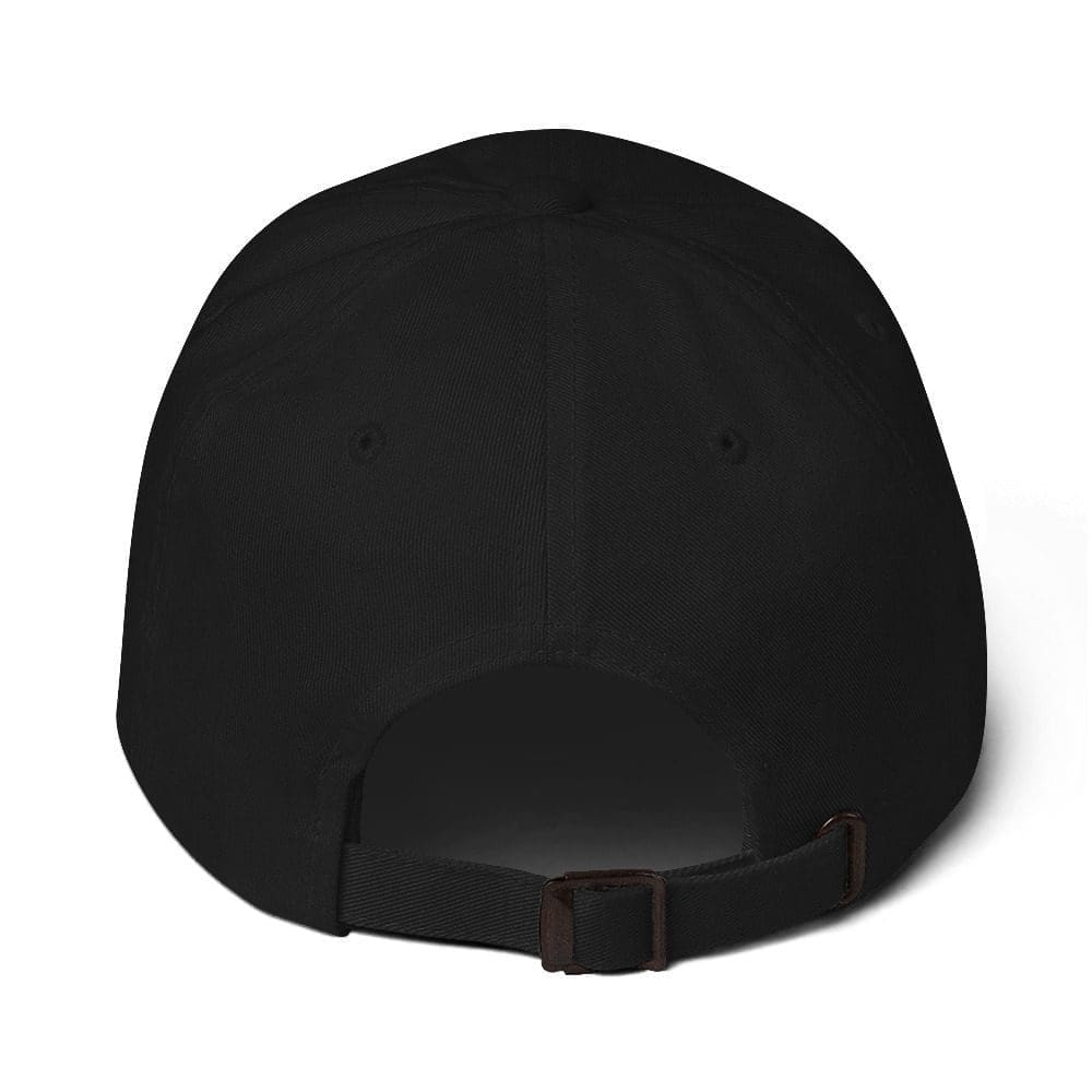 Adjustable black cap back with brown strap