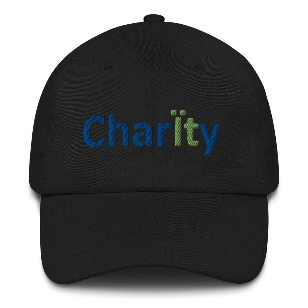 Black cap with "Charity" in blue text.