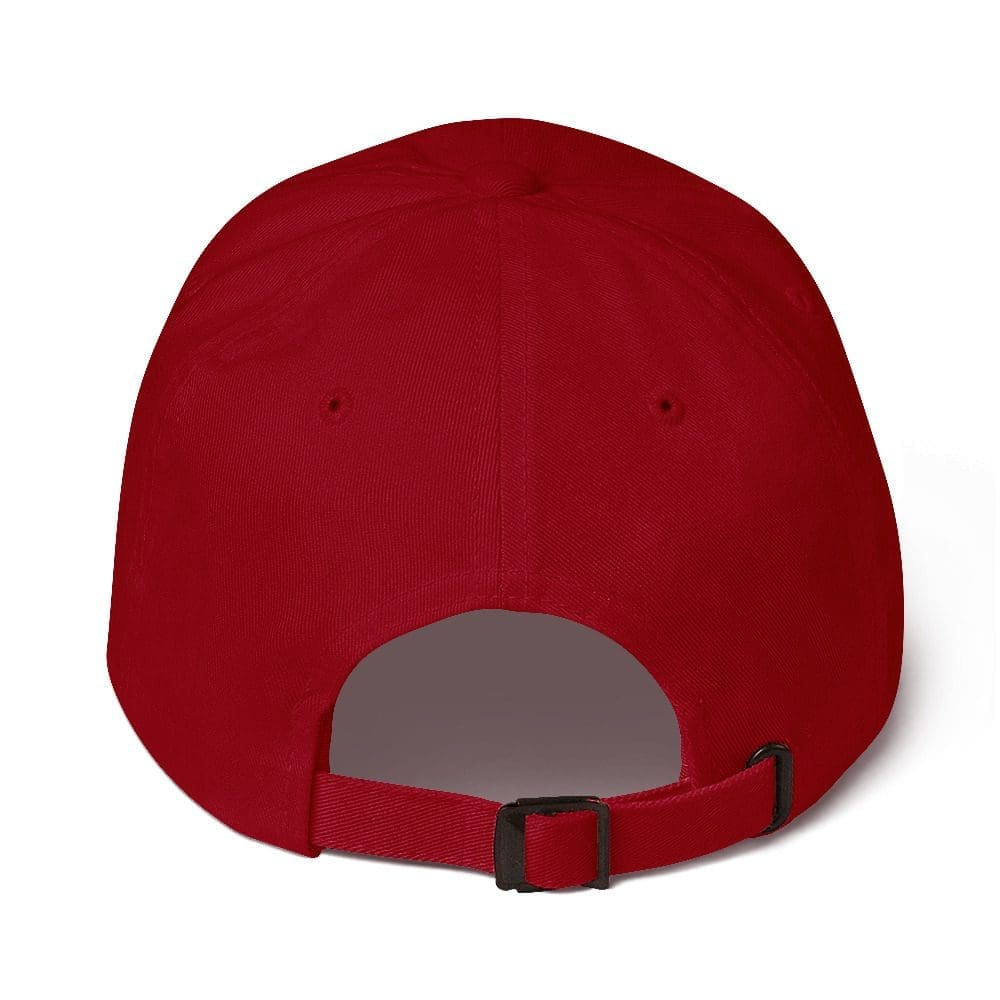 Back view of a red baseball cap.
