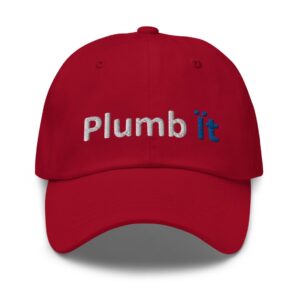 Red cap with "Plumb It" embroidered text.