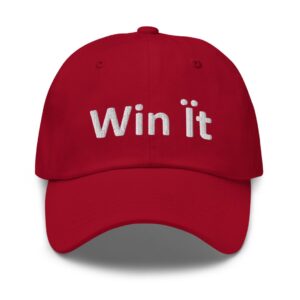 Red cap with "Win it" text.