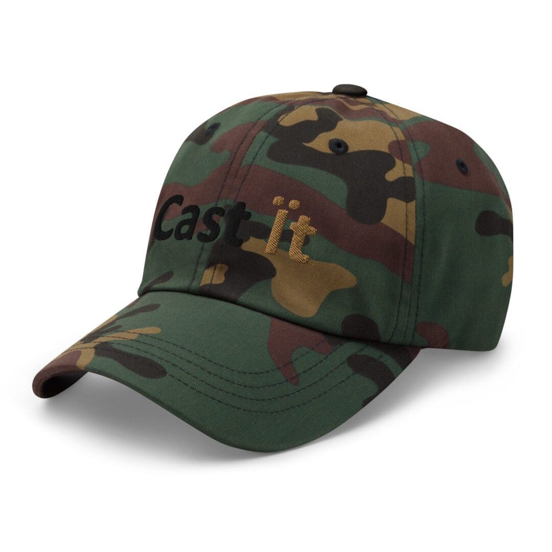 Camouflage baseball cap with embroidered text.