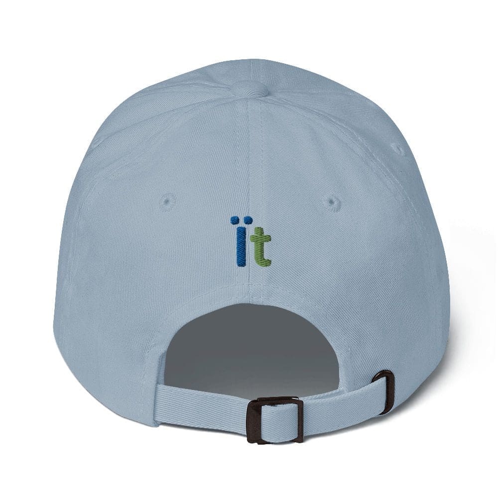 Light blue cap with "it" embroidery.
