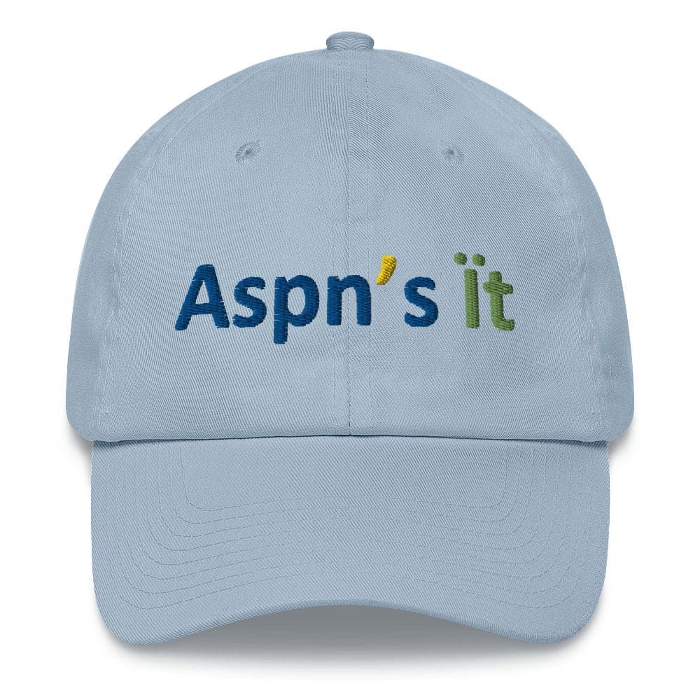 Light blue cap with "Aspn's it" logo.
