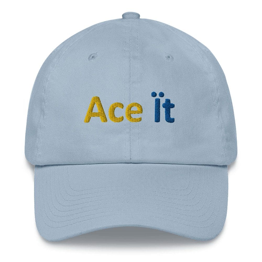 Light blue cap with "Ace It" text.