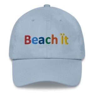Sky blue baseball cap with rainbow Beach it