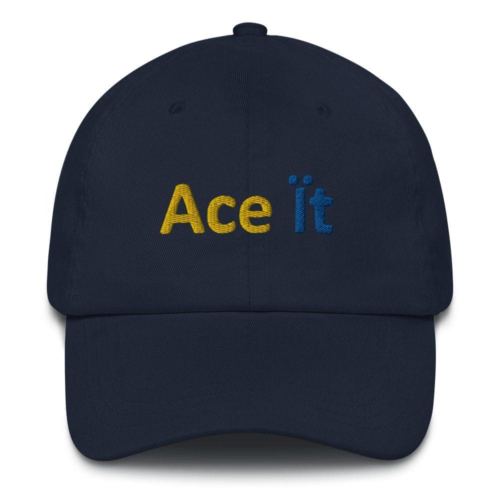 Navy cap with "Ace it" text design.