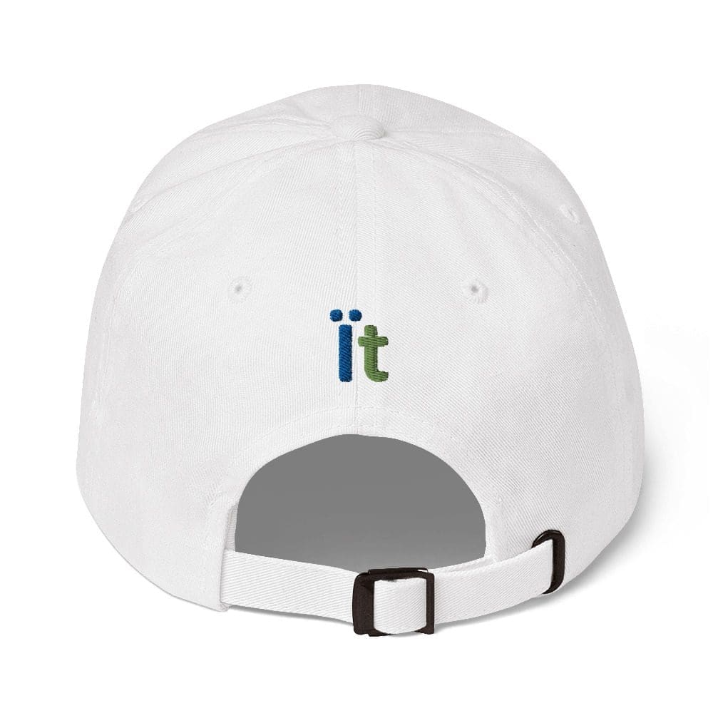 White cap with "it" embroidered design.