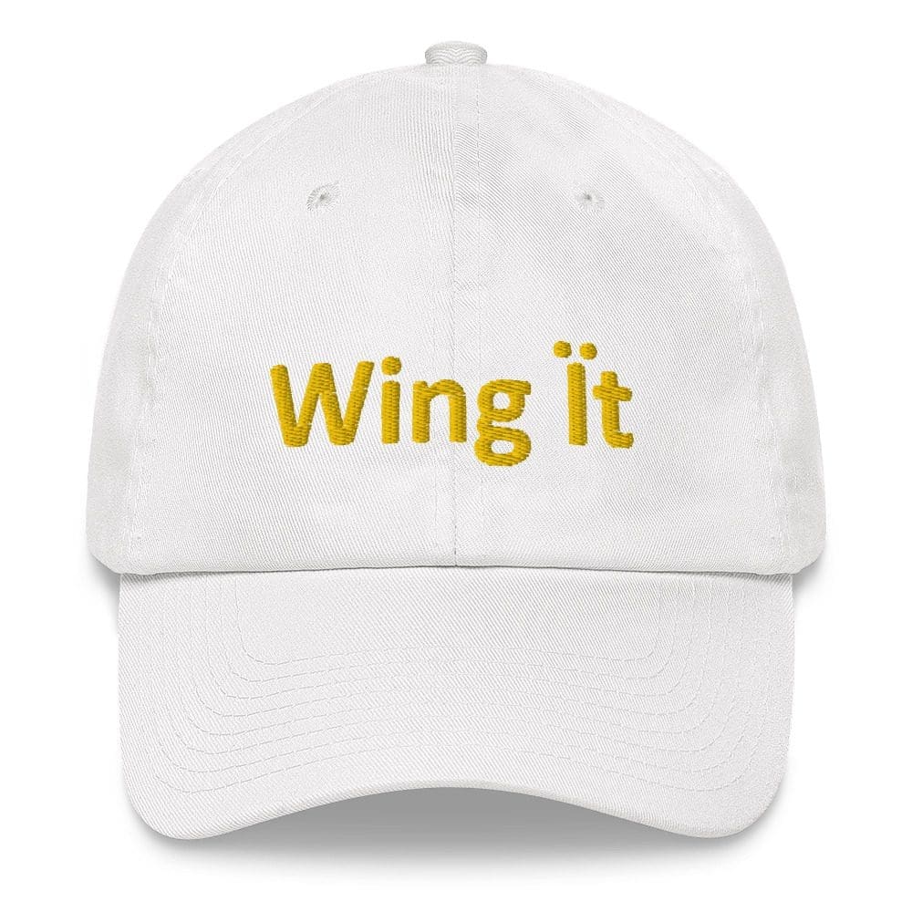 White cap with "Wing it" embroidered text.