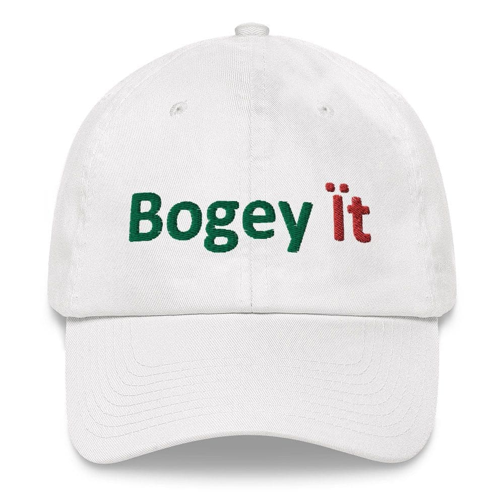 White cap with "Bogey it" text design.
