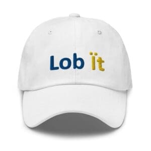 White cap with "Lob it" embroidery.
