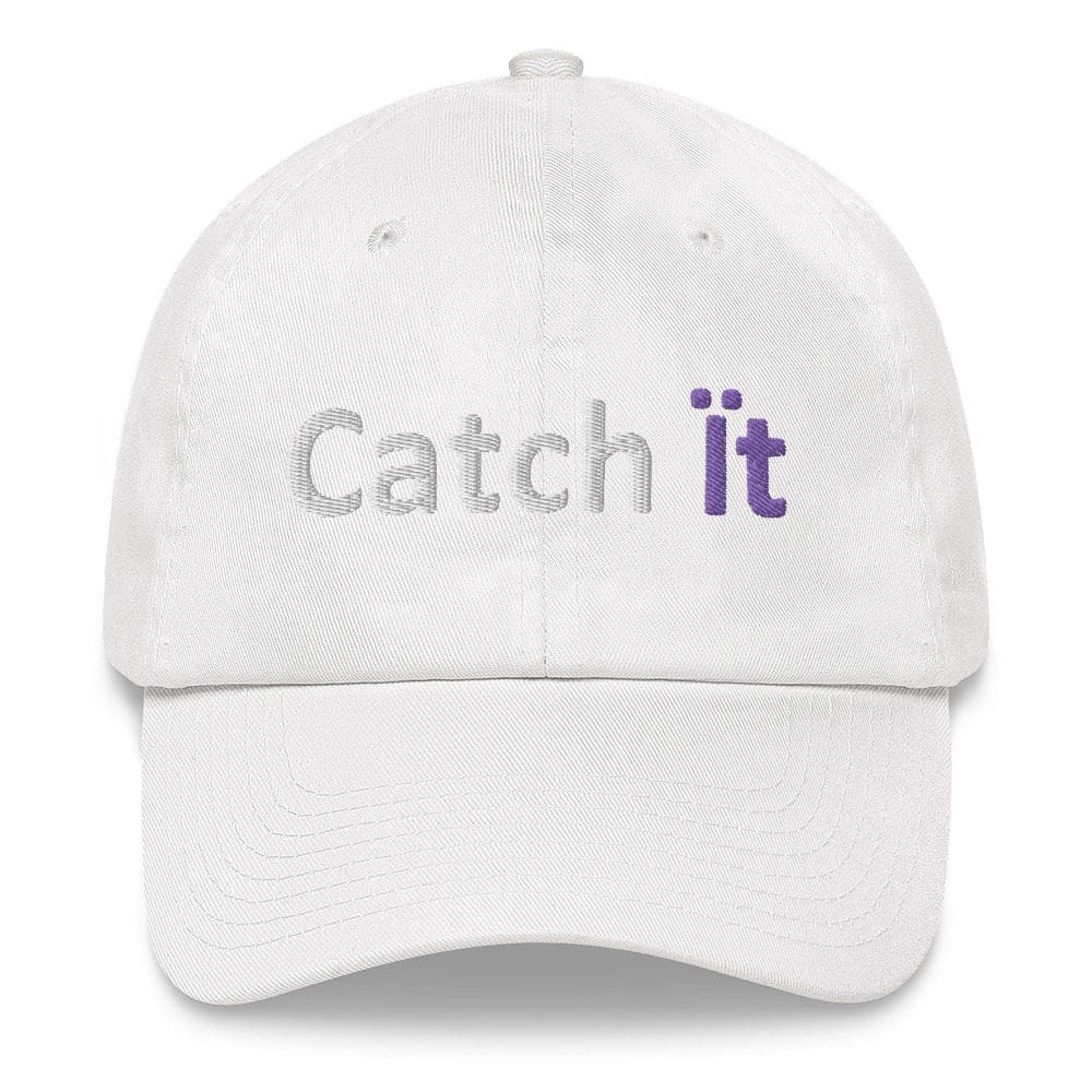 White cap with "Catch it" text design.