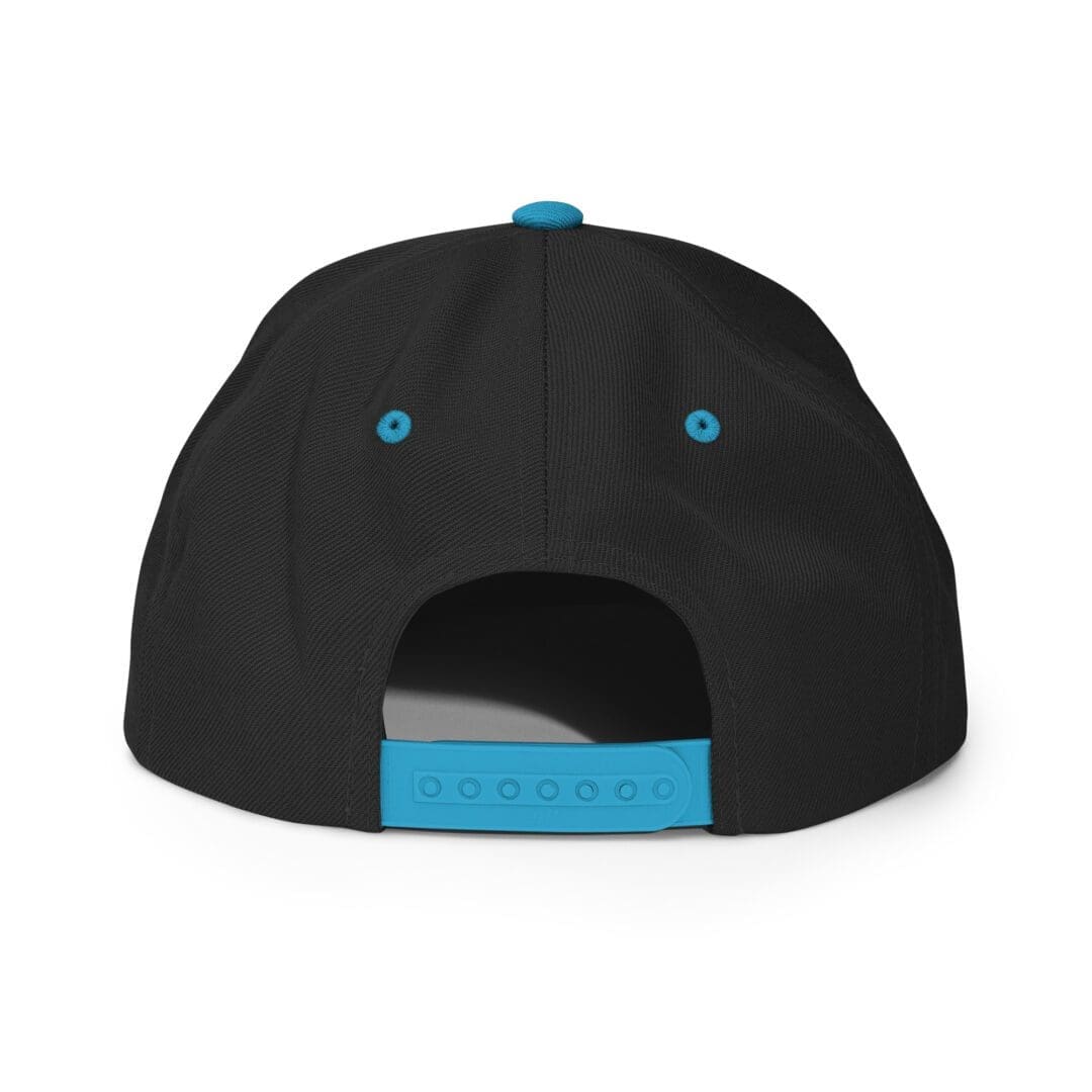 Black cap with blue adjustable strap.
