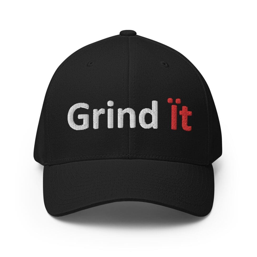Black cap with "Grind It" text embroidered.