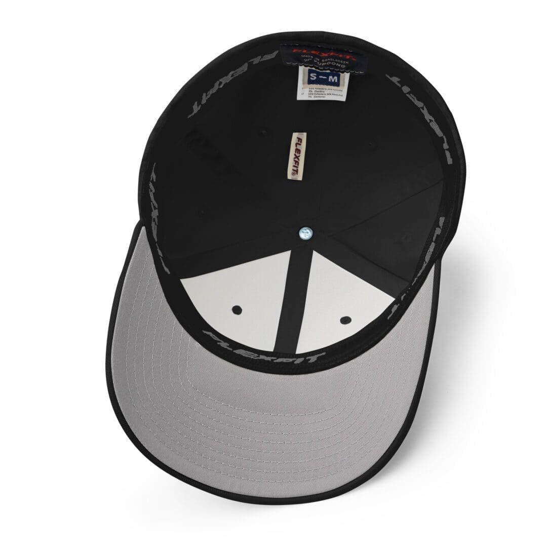 Inner view of black cap with grey underside