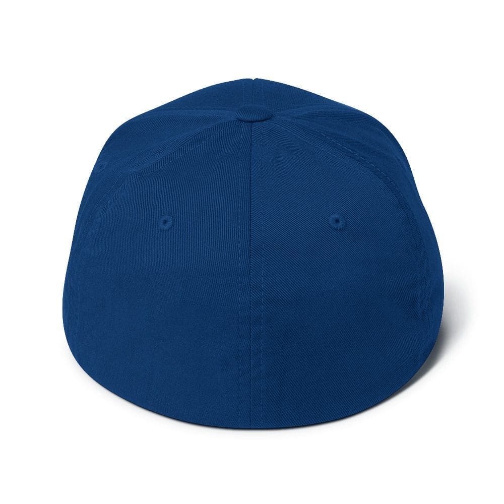 Back view of plain blue baseball cap.