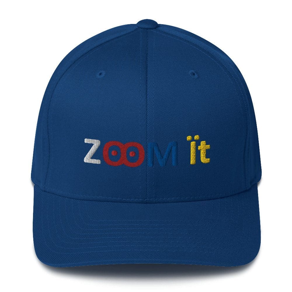 Blue cap with "Zoom it" embroidered text.