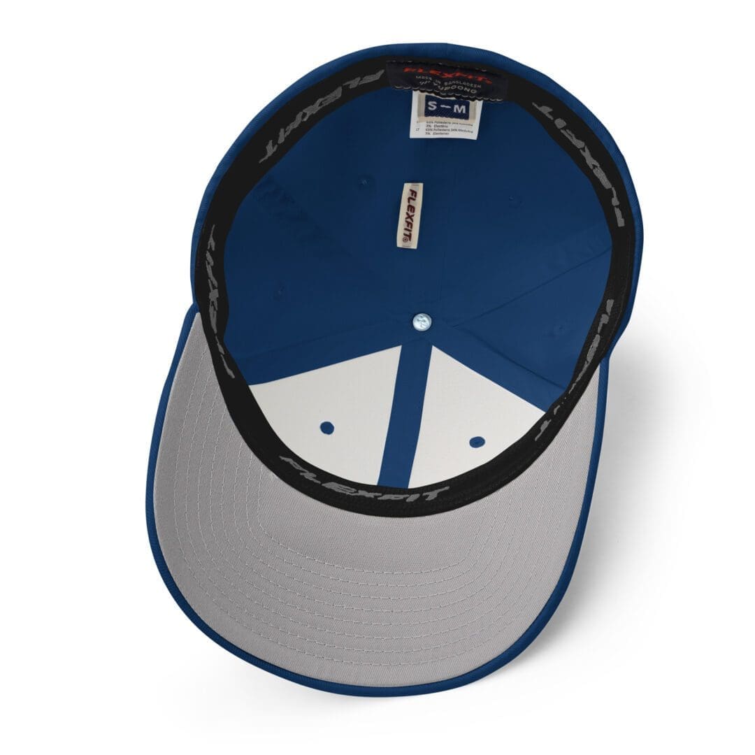 Blue cap viewed from inside, white brim.