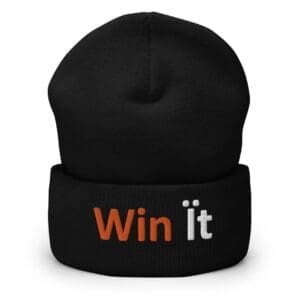 Front view black cuffed beanie embroidered Win it