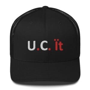 Black trucker hat with U.C. it embroidery