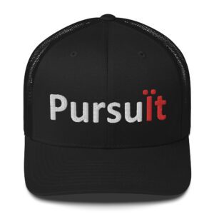 Black cap with "Pursuit" embroidered in white.