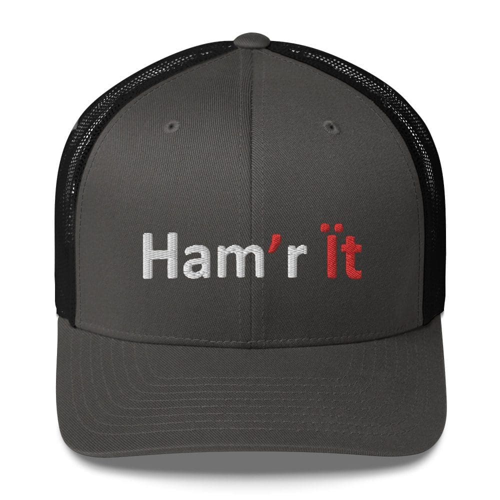 Gray baseball cap with "Ham'r It" text.
