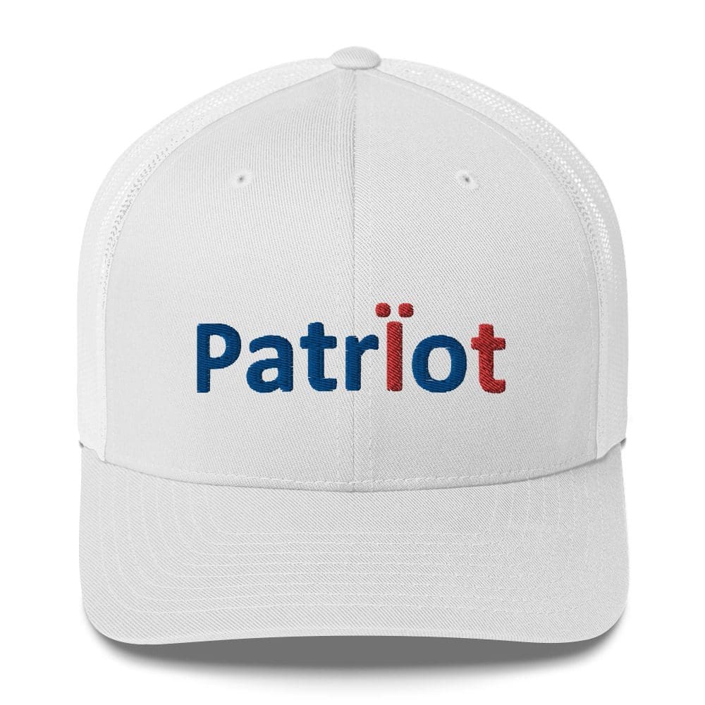 White cap with "Patriot" text design.