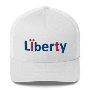 White cap with "Liberty" embroidered in blue.