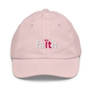 Pink baseball cap with "faith" embroidered text.