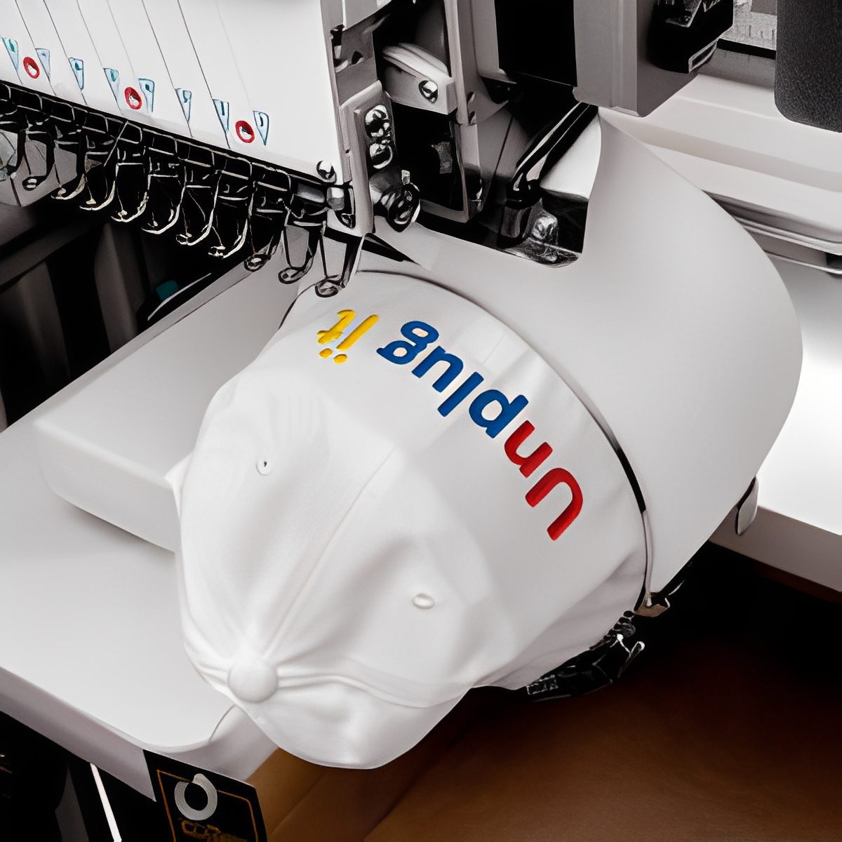 Industrial embroidery machine stitching colorful text onto a white cap.