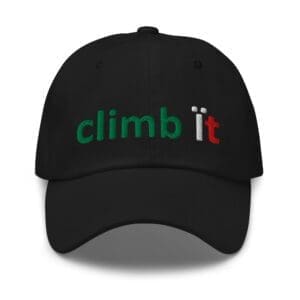 Black cap embroidered with "climb it"
