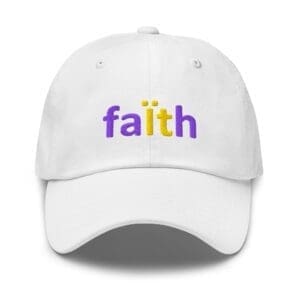 White baseball cap embroidered with faith