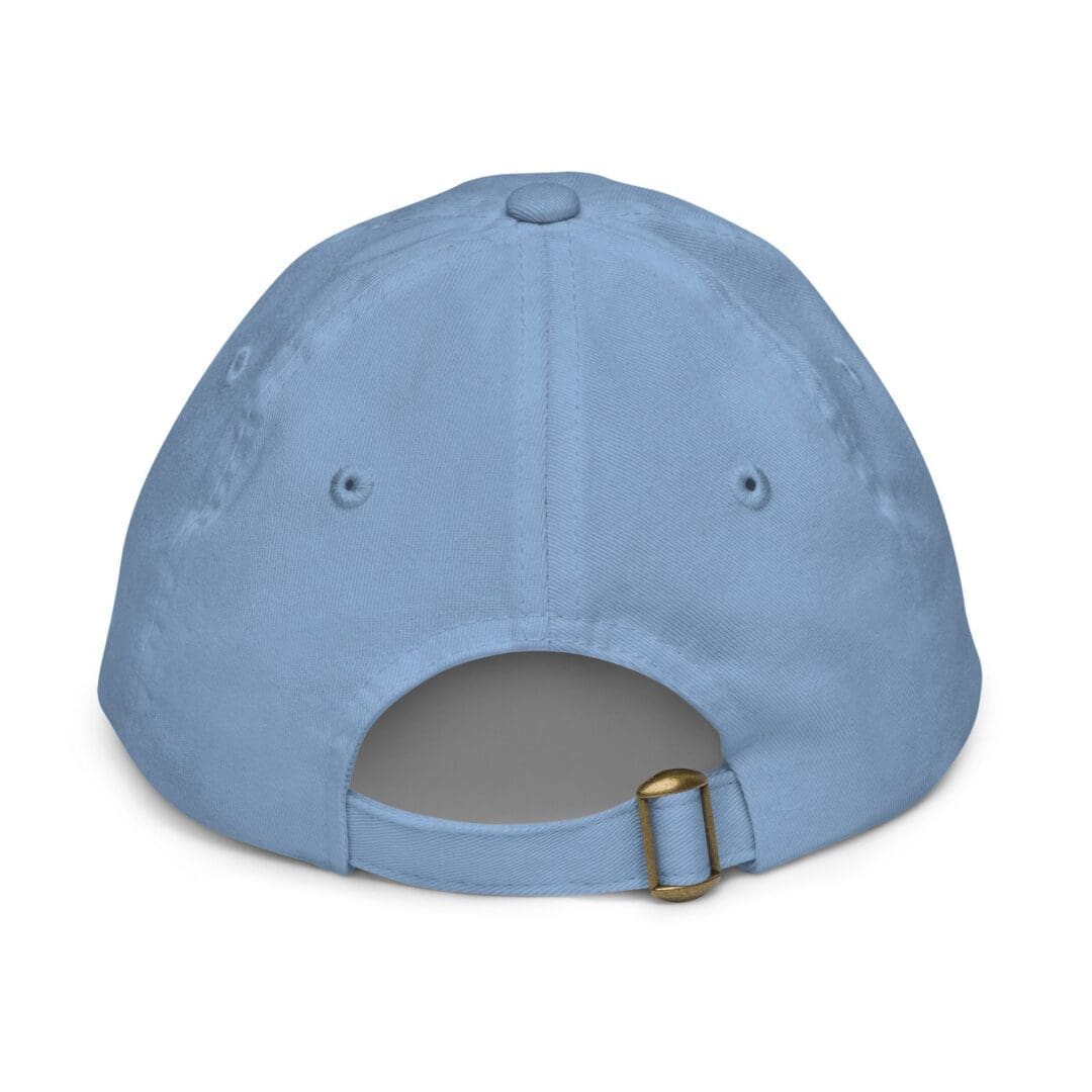 Adjustable brass buckle on baby blue cap