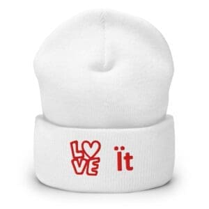 White knit beanie with red love it embroidery
