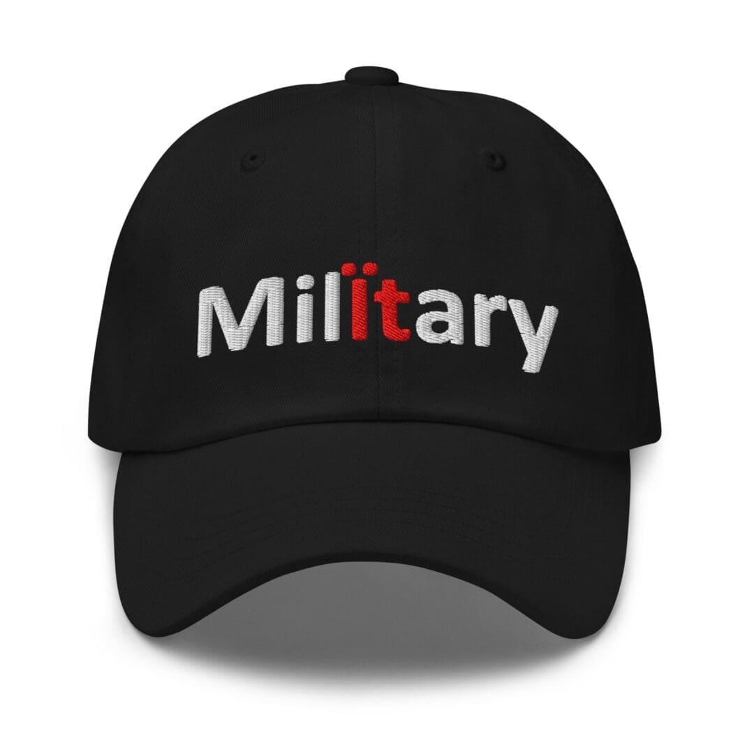 Black baseball cap with embroidered Military text
