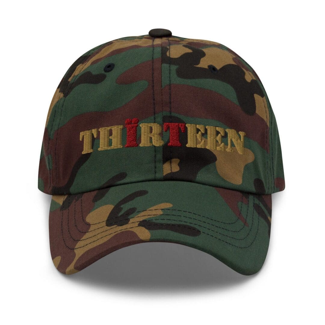 Distressed style camo baseball cap, stitched logo