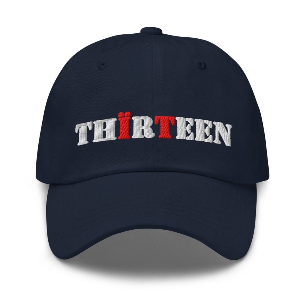 Navy baseball cap with "THIRTEEN" embroidery