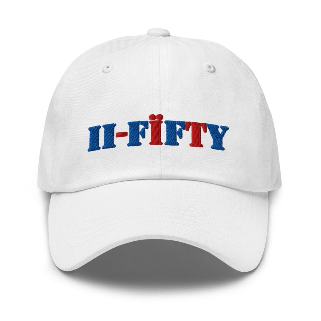 White cap embroidered "U-FIFTY" in red and blue