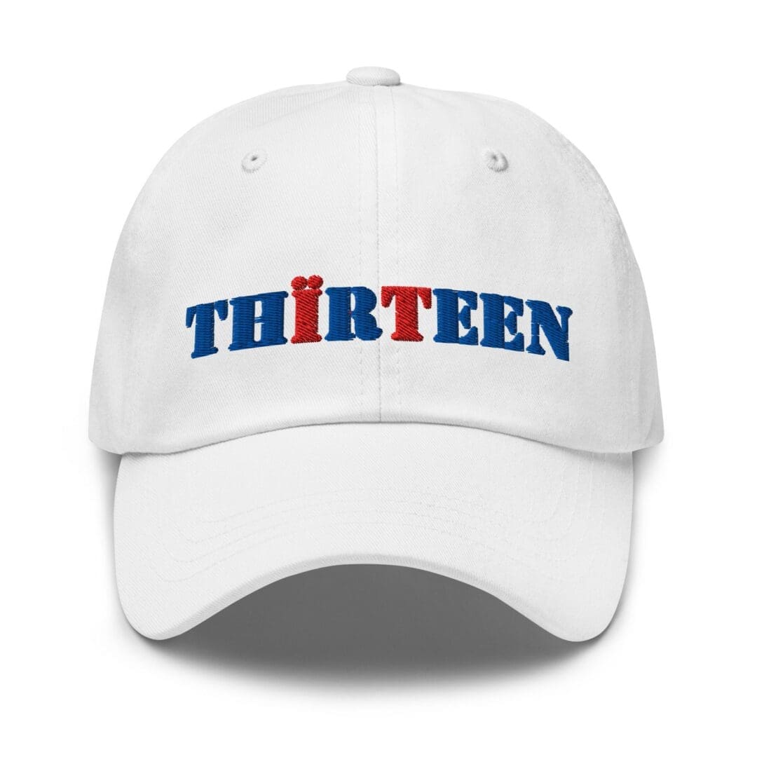 White baseball cap embroidered with "THIRTEEN"
