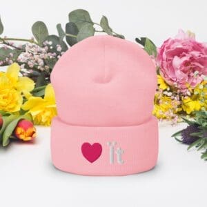 Pink beanie with heart embroidery and flowers