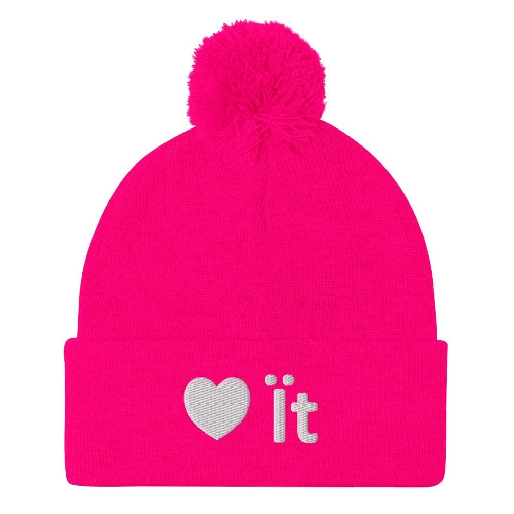Bright pink pom-pom beanie with heart "it"