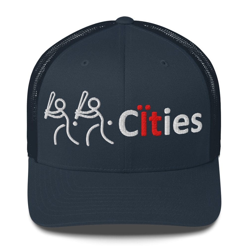 Navy trucker hat with embroidered "Cities" logo
