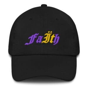 Black baseball cap embroidered with "Faith"