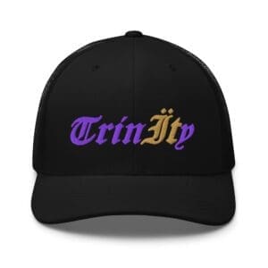 Black cap with purple and gold embroidery