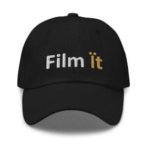 Black baseball cap embroidered with Film it