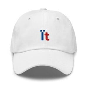 White cap with blue and red "it"